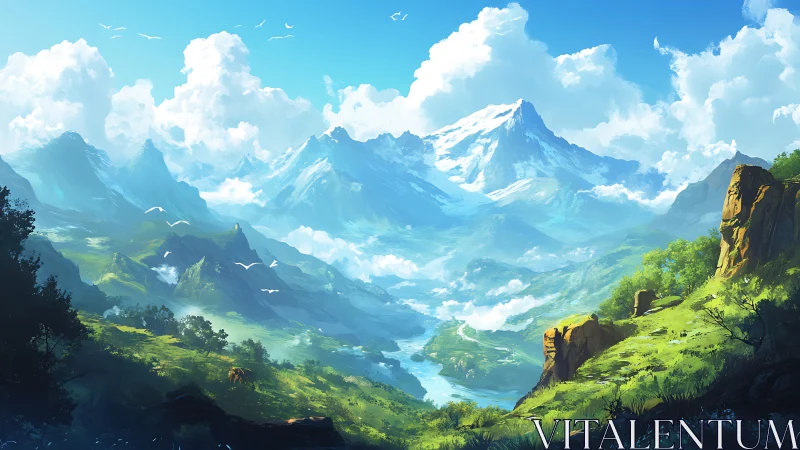 Expansive river valley beneath layered snowcapped peaks.