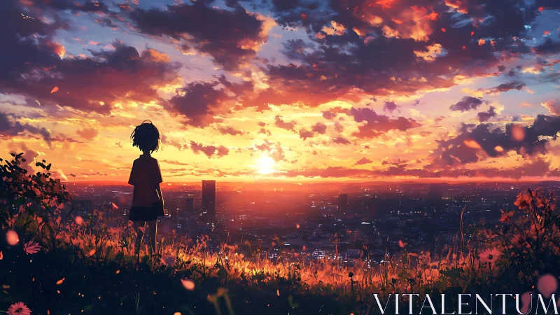 Solitary child watches a glowing sunset above the quiet city