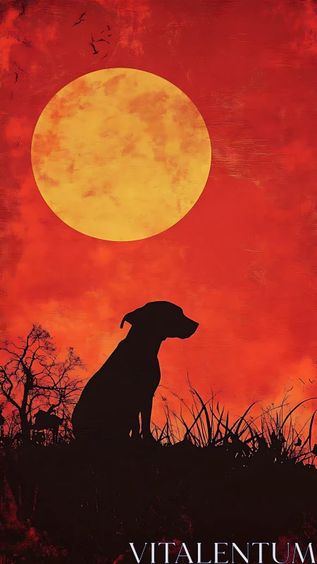 Dog silhouette under large yellow moon on red sky.