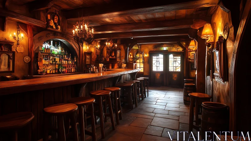 Rustic tavern interior with long wooden bar and warm light.