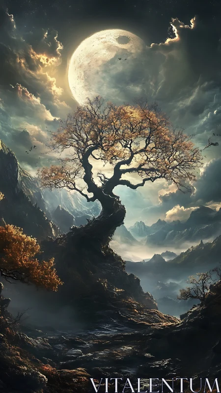 Twisted lone tree under huge moon in dramatic mountainscape.