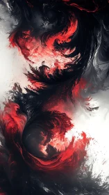 Crimson and black vortex curls through pale abstract void