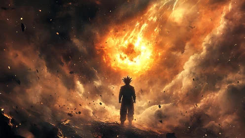 Warrior silhouette faces cosmic firestorm of collapsing sun.