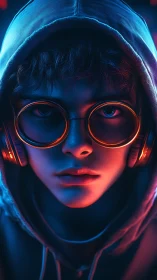 Hooded youth with round glasses in neon rim lighting.