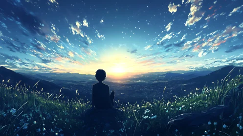 Quiet hillside sunrise with a dreaming skywatcher at dawn.