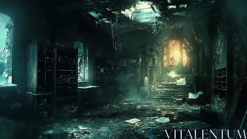 Ruined library interior lit by distant burning doorway.