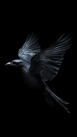 Midnight raven soars in dramatic light against pure black