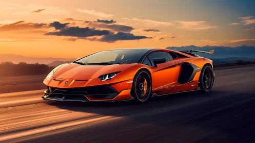 Orange supercar on open highway at sunset in motion.