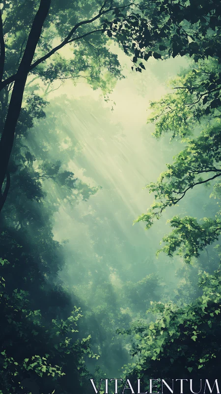 Forest Canopy with Sunlight Rays Breaking Through Dense Green Trees