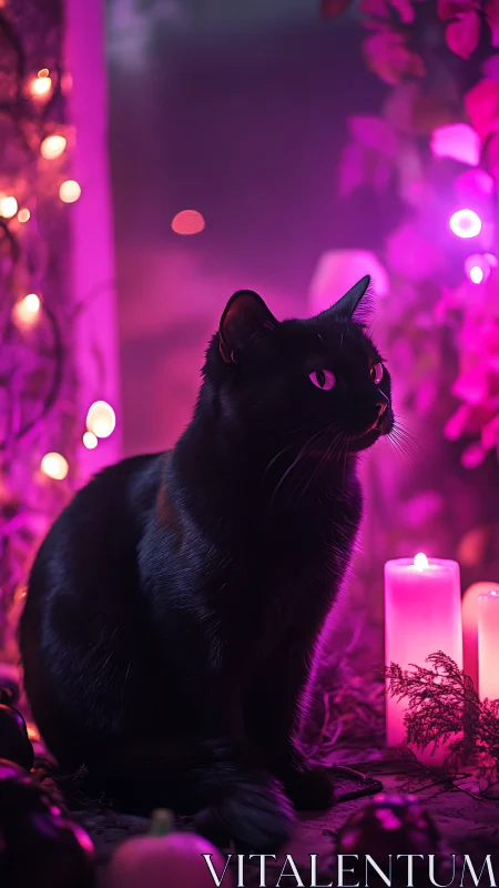 Black cat positioned in magenta-lit environment with light sources.