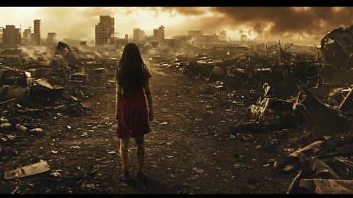 Solitary survivor crossing smoldering post‑apocalyptic ruins.