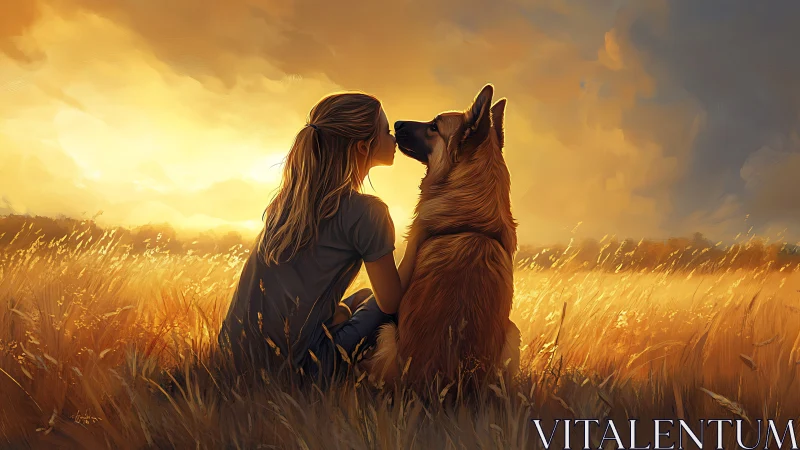 Person and canine in golden field during sunset illumination.