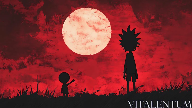 Silhouetted figures stand under large white moon on red sky