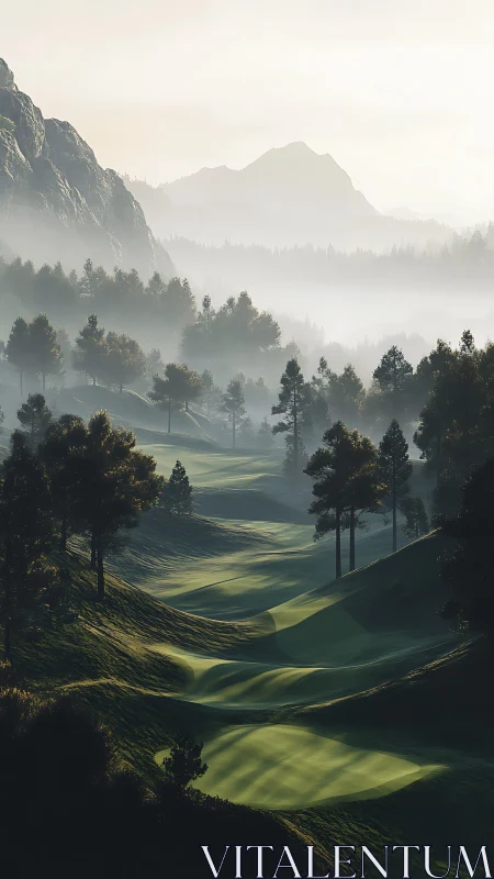 Sunlit alpine golf fairway winding through misted pines.