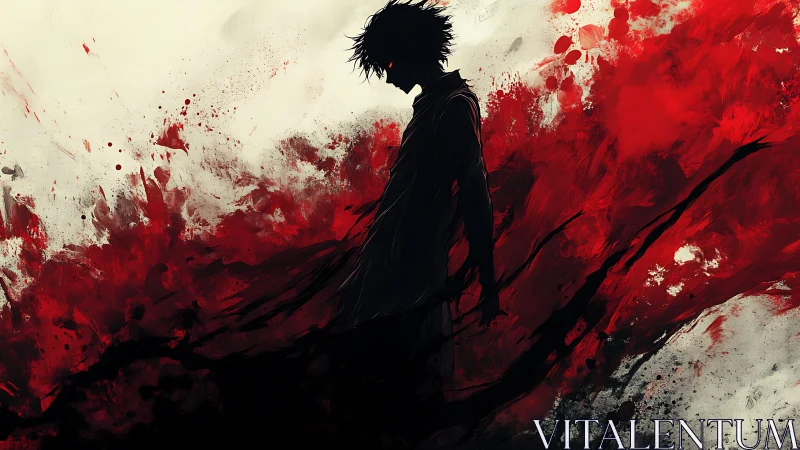 Silhouetted antihero in erupting red ink stormscape.