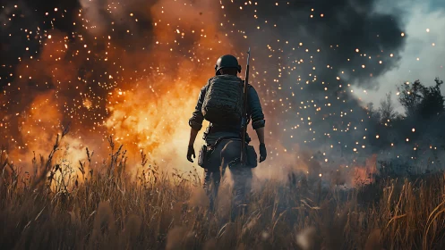Soldier stands amid explosive fire and burning fields.