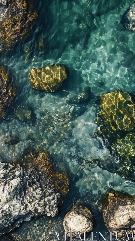 Sunlit coastal rocks resting beneath clear turquoise water.