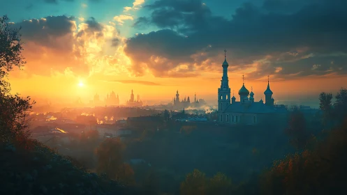 Sunrise over misty domes and spires in a quiet old town.