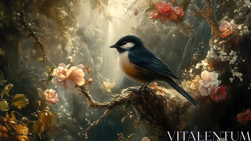 Songbird on a Blossoming Branch, Dreamy Nature Artwork.