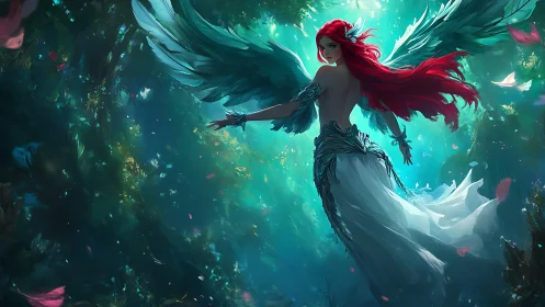 Winged red‑haired guardian glides through glowing forest realm.