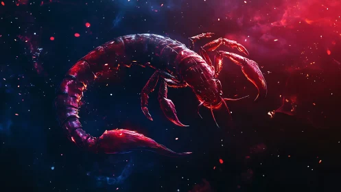 Red cosmic scorpion rendered in glowing nebula space.