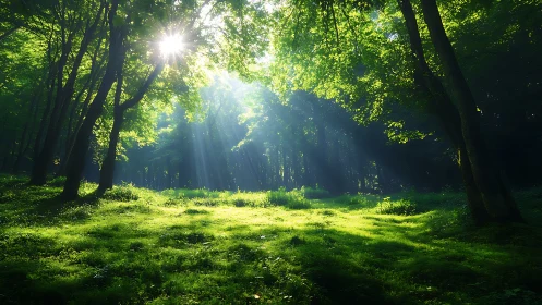 Sunbeams Illuminate Lush Green Forest Clearing in Morning Light.