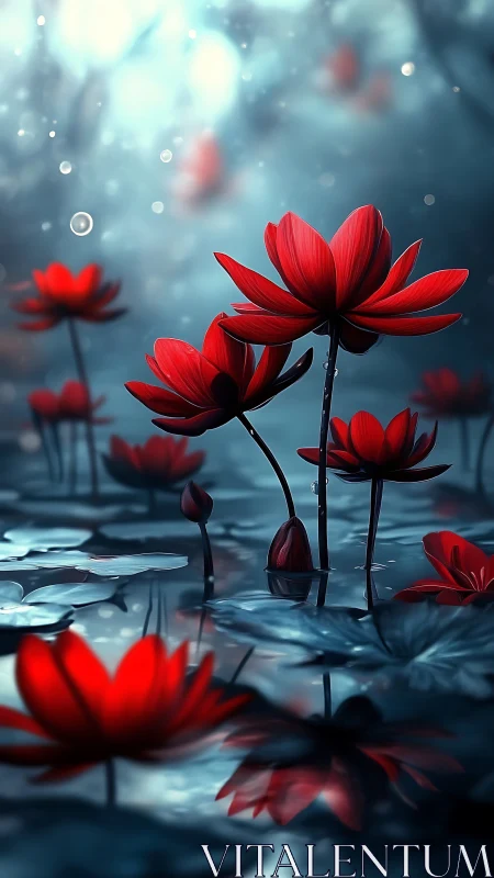 Saturated red water lilies emerge sharply against cool cyan bokeh