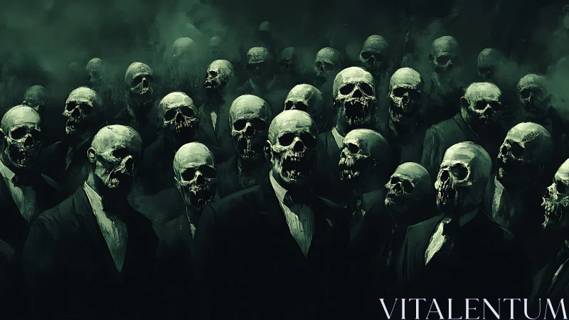 Decomposed skeletal executives in dense emerald atmospheric fog