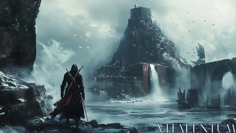 Silent rogue before the storm-wreathed mountain citadel.