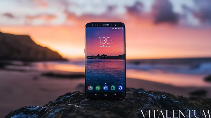 Samsung smartphone on rock displays vibrant coastal sunset
