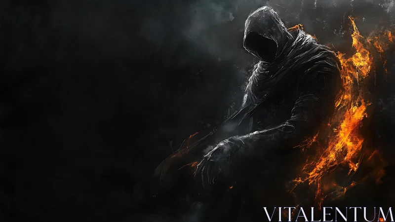 Hooded dark figure emerges from shadow with trailing fire