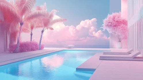 Dreamy pastel poolside escape under cotton candy skies.