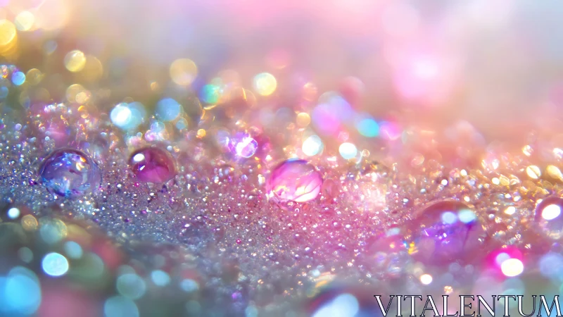 Macro bokeh drops over iridescent glitter surface.