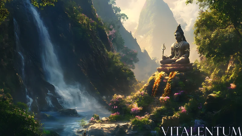 Mountain valley waterfall frames large seated statue in forest