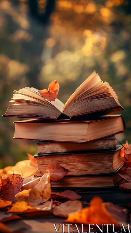 Autumn pages awaken on a glowing tower of forgotten books.
