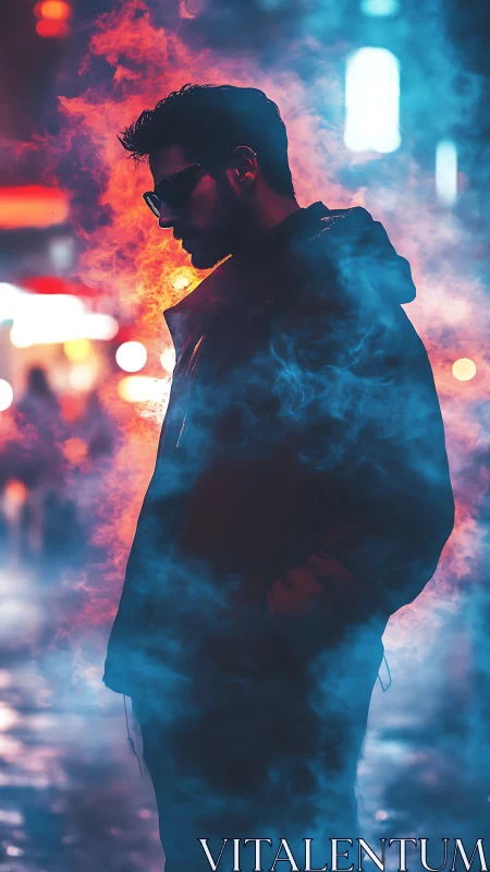 Silhouetted man in colored smoke on urban night street.