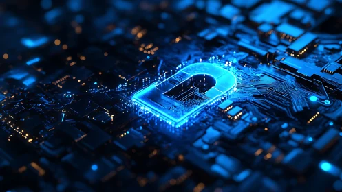 Glowing digital padlock shines warmly across the circuit board