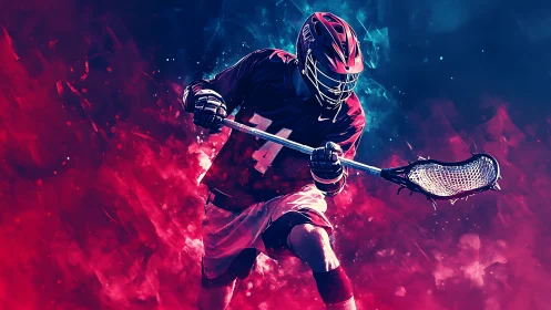 Neon storm lacrosse warrior carving light through smoke.