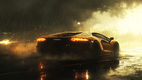 Orange supercar accelerates on wet road in heavy rain.