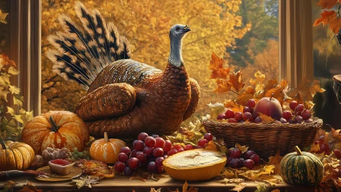 Golden autumn turkey rests among pumpkins and harvest fruit