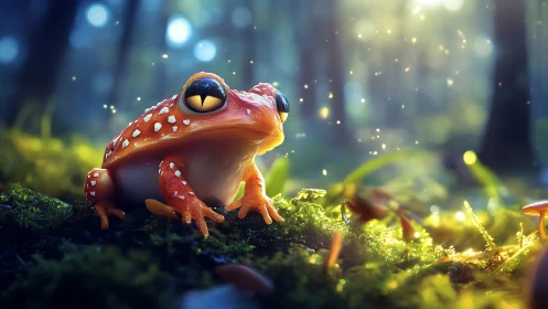Glowing orange frog on moss in dreamy forest light.