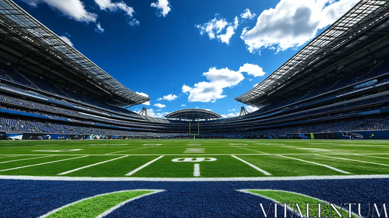 Symmetric NFL stadium bowl under deep blue sky at midfield.