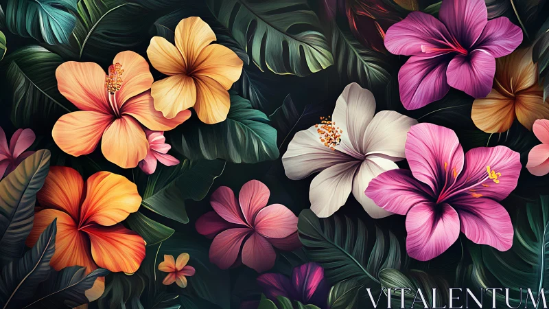 Hibiscus flowers arrangement with tropical foliage.