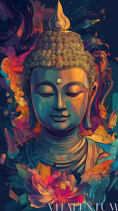 Colorful Buddha portrait with swirling floral patterns.