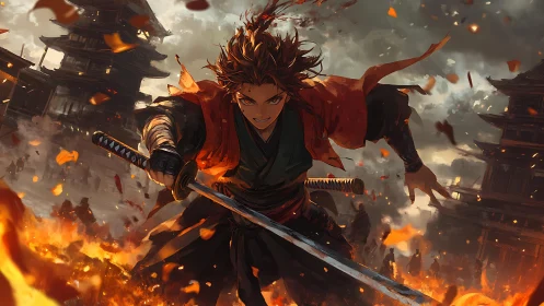 Dynamic samurai swordsman charging through blazing Edo fortress