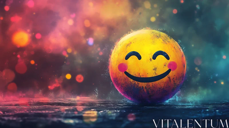 Smiling emoji sphere on wet reflective surface in neon bokeh field