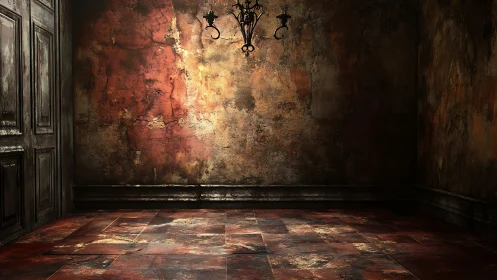 Textured decayed interior with chandelier and aged wall plane.