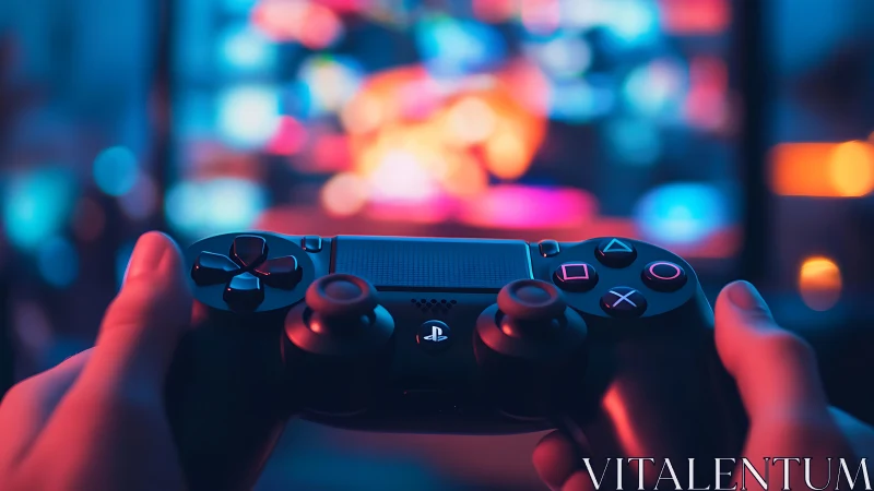 Game controller close-up against neon gaming screen glow.