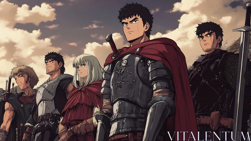 Armored medieval warriors assemble in dynamic frontal lineup