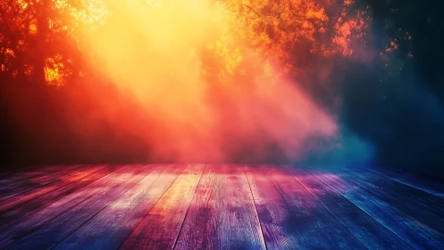 Luminous Stage: Red and Gold Light Performance Over Wooden Floor.